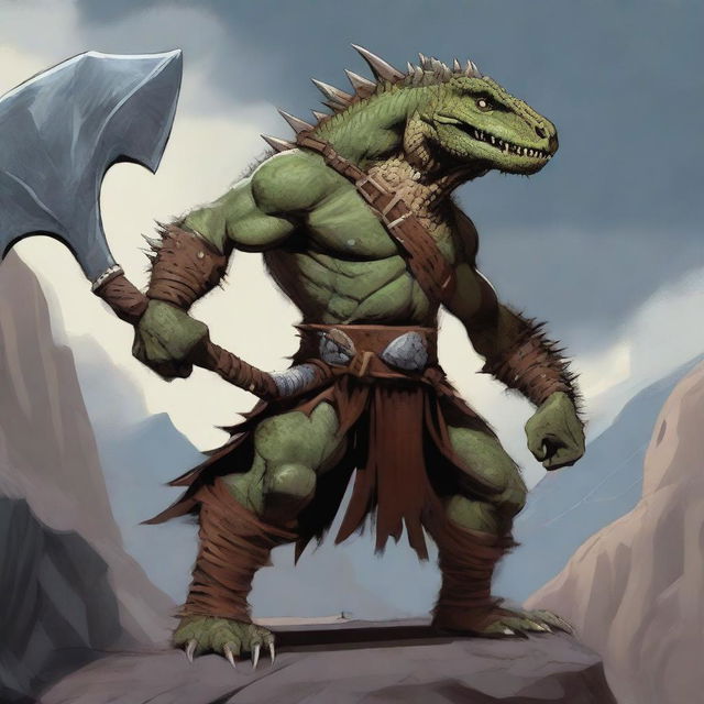 A fierce spiky lizardfolk barbarian standing in a battle-ready pose