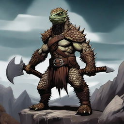 A fierce spiky lizardfolk barbarian standing in a battle-ready pose