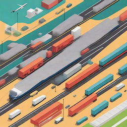 A detailed illustration of an intermodal transportation system, showcasing various modes of transport such as ships, trains, and trucks working together to move cargo efficiently