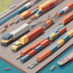 A detailed illustration of an intermodal transportation system, showcasing various modes of transport such as ships, trains, and trucks working together to move cargo efficiently