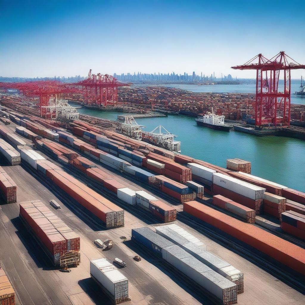 A bustling port with intermodal freight containers being loaded and unloaded from ships