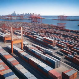 A bustling port with intermodal freight containers being loaded and unloaded from ships