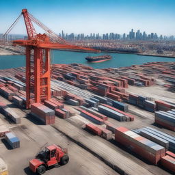 A bustling port with intermodal freight containers being loaded and unloaded from ships