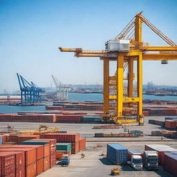 A bustling port with intermodal freight containers being loaded and unloaded from ships