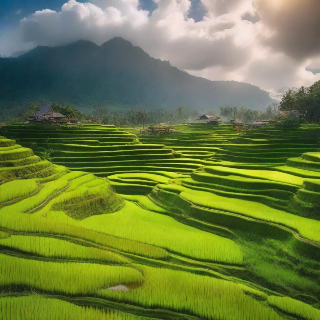 A picturesque landscape of Indonesia featuring lush green rice terraces, traditional Balinese temples, and vibrant cultural elements