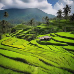 A picturesque landscape of Indonesia featuring lush green rice terraces, traditional Balinese temples, and vibrant cultural elements