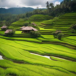 A picturesque landscape of Indonesia featuring lush green rice terraces, traditional Balinese temples, and vibrant cultural elements