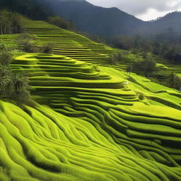 A picturesque landscape of Indonesia featuring lush green rice terraces, traditional Balinese temples, and vibrant cultural elements