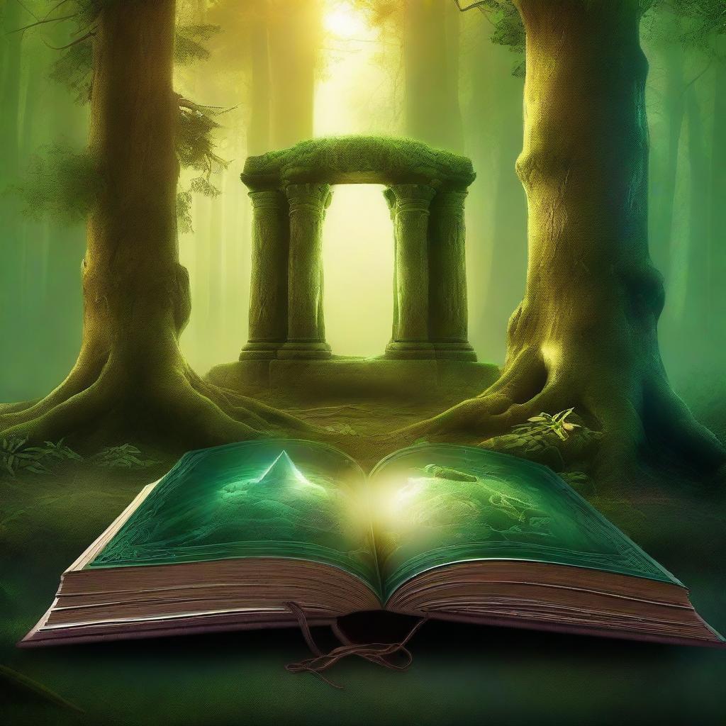 Create a captivating book cover with a mystical forest scene