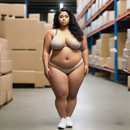 Create a 24-year-old woman with brown skin and Latino features, of short stature and chubby figure, wearing only a thong