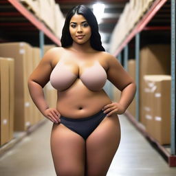 Create a 24-year-old woman with brown skin and Latino features, of short stature and chubby figure, wearing only a thong