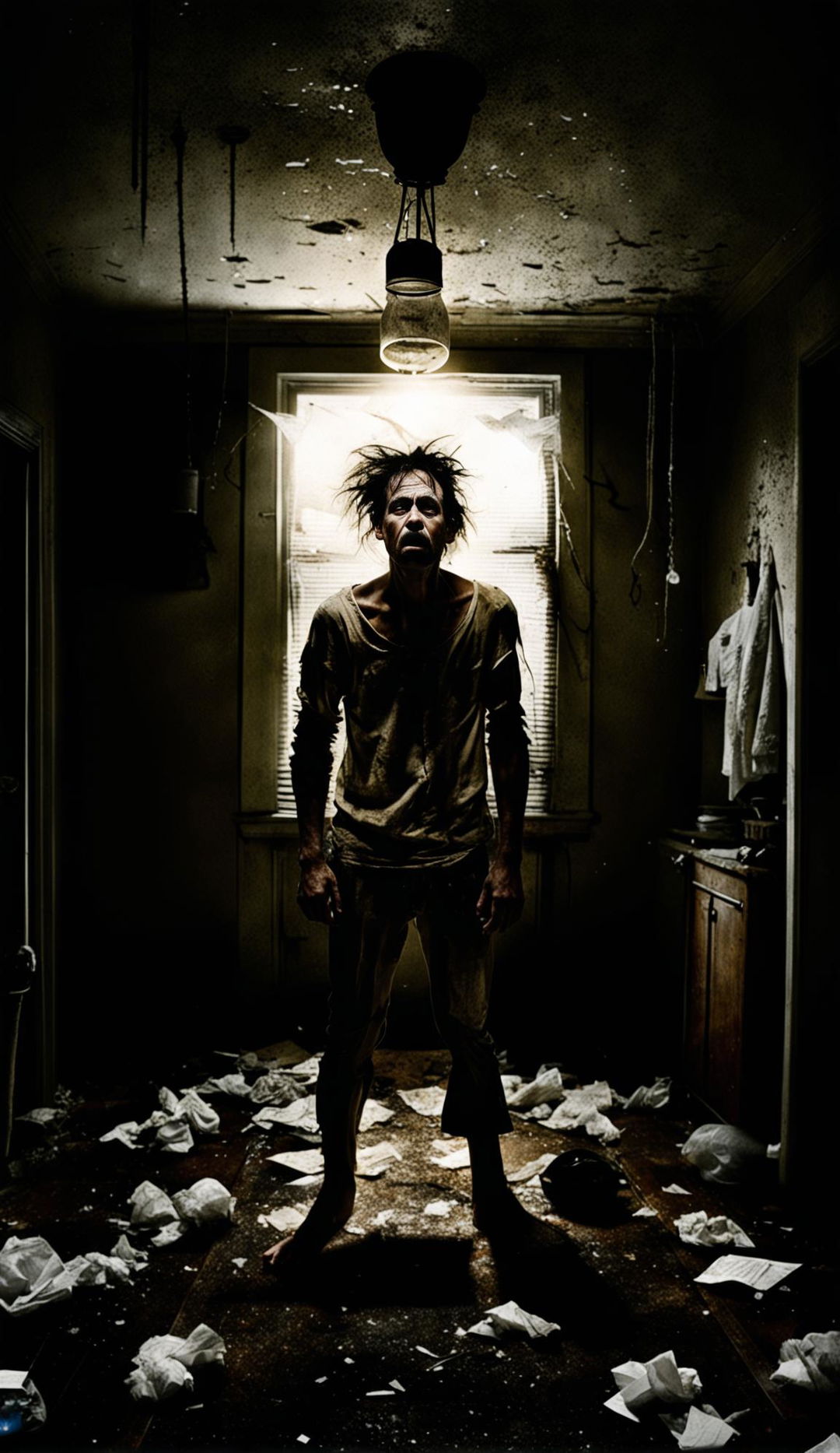 A distressed man in a dimly lit room, his face reflecting intense turmoil. His clothes are worn and tattered, his posture hunched. The room is chaotic with upturned furniture and scattered belongings. The walls are bare and peeling, the floor littered with crumpled paper.