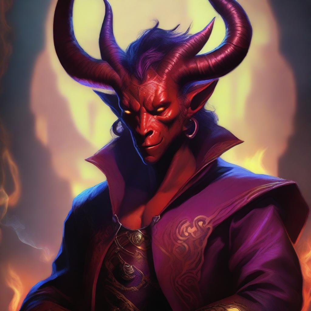 A detailed and vibrant image of a Tiefling character, featuring their signature horns, tail, and other demonic traits