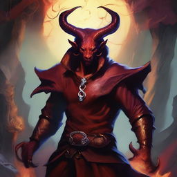 A detailed and vibrant image of a Tiefling character, featuring their signature horns, tail, and other demonic traits