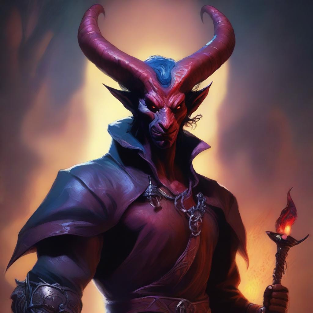 A detailed and vibrant image of a Tiefling character, featuring their signature horns, tail, and other demonic traits