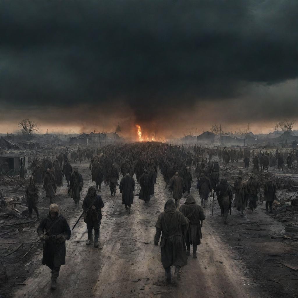 Night scene of a post-apocalyptic German colony, scorched and deserted. A melancholic, tragic sky looms overhead as a crowd of people carrying arrowheads march towards the obscure horizon, symbolizing desolation and gloom.