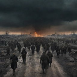 Night scene of a post-apocalyptic German colony, scorched and deserted. A melancholic, tragic sky looms overhead as a crowd of people carrying arrowheads march towards the obscure horizon, symbolizing desolation and gloom.