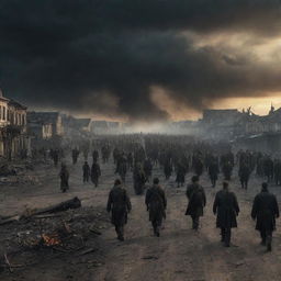 Night scene of a post-apocalyptic German colony, scorched and deserted. A melancholic, tragic sky looms overhead as a crowd of people carrying arrowheads march towards the obscure horizon, symbolizing desolation and gloom.