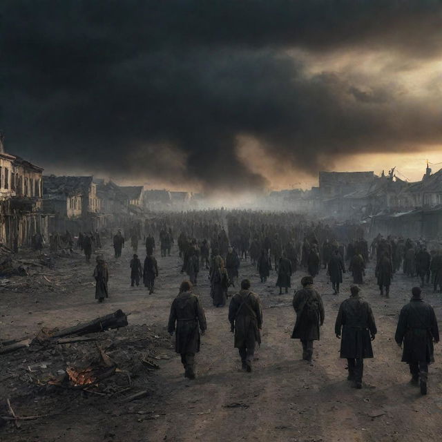 Night scene of a post-apocalyptic German colony, scorched and deserted. A melancholic, tragic sky looms overhead as a crowd of people carrying arrowheads march towards the obscure horizon, symbolizing desolation and gloom.