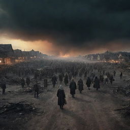 Night scene of a post-apocalyptic German colony, scorched and deserted. A melancholic, tragic sky looms overhead as a crowd of people carrying arrowheads march towards the obscure horizon, symbolizing desolation and gloom.