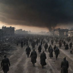 Night scene of a post-apocalyptic German colony, scorched and deserted. A melancholic, tragic sky looms overhead as a crowd of people carrying arrowheads march towards the obscure horizon, symbolizing desolation and gloom.