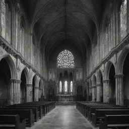 A detailed black-and-white image of a vacant gothic church. Its ornate architecture and melancholic frescos mirror a captivating sense of desolation and gloom.