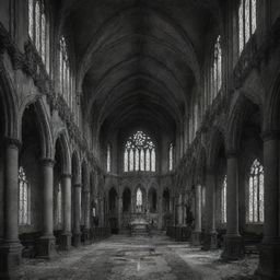 A detailed black-and-white image of a vacant gothic church. Its ornate architecture and melancholic frescos mirror a captivating sense of desolation and gloom.