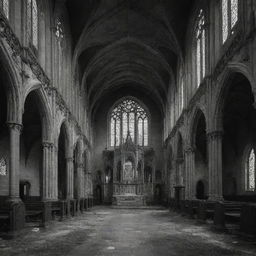 A detailed black-and-white image of a vacant gothic church. Its ornate architecture and melancholic frescos mirror a captivating sense of desolation and gloom.