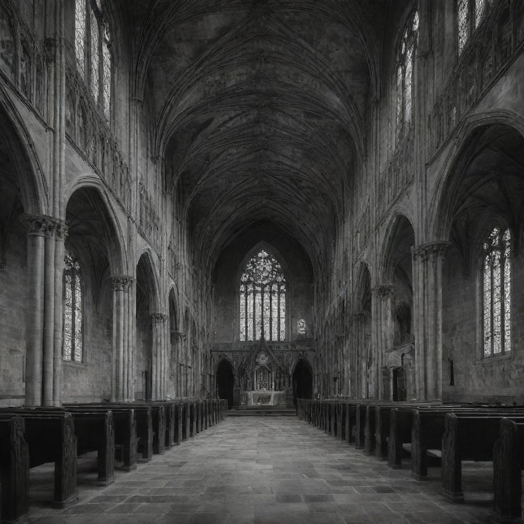 A detailed black-and-white image of a vacant gothic church. Its ornate architecture and melancholic frescos mirror a captivating sense of desolation and gloom.