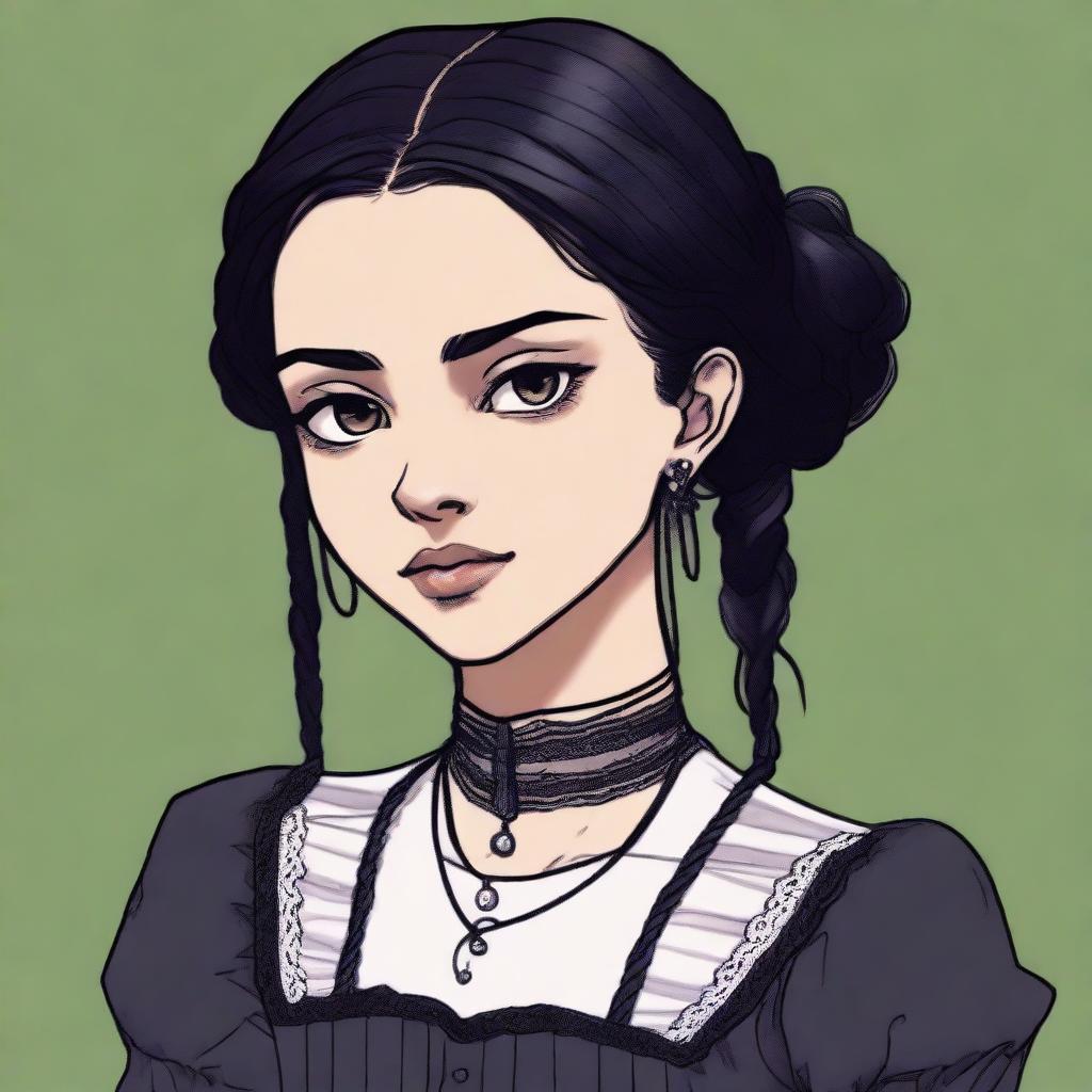 A tall and slender young girl with olive skin and jet black hair, worn in two tight plaits