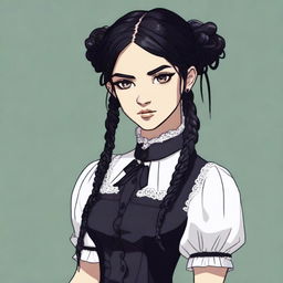 A tall and slender young girl with olive skin and jet black hair, worn in two tight plaits