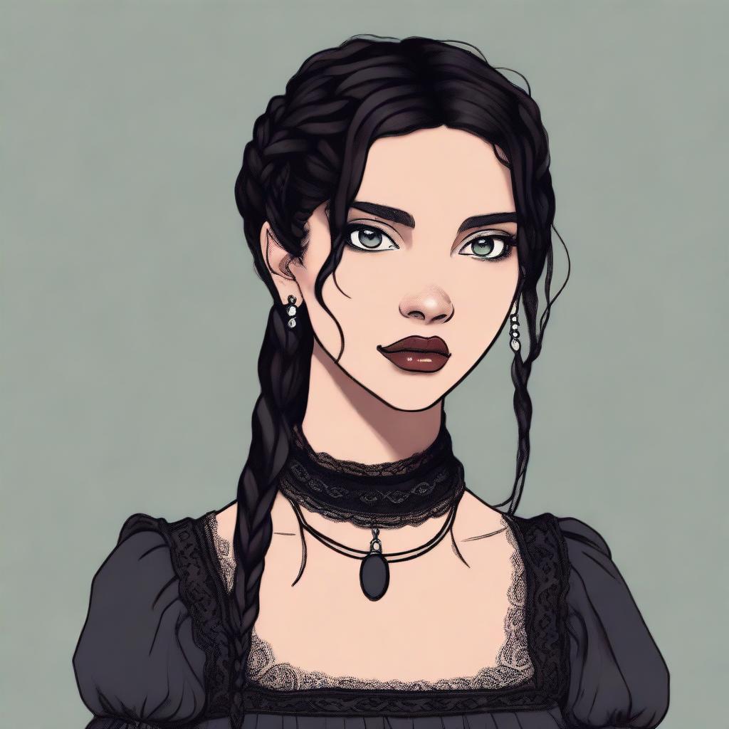 A tall and slender young girl with olive skin and jet black hair, worn in two tight plaits