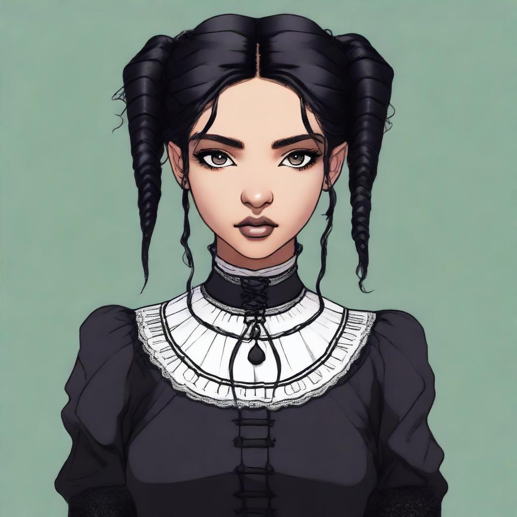 A tall and slender young girl with olive skin and jet black hair, worn in two tight plaits