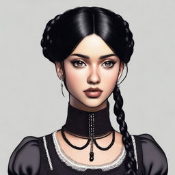 A tall and slender young girl with olive skin and jet black hair, worn in two tight plaits