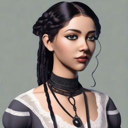 A tall and slender young girl with olive skin and jet black hair, worn in two tight plaits