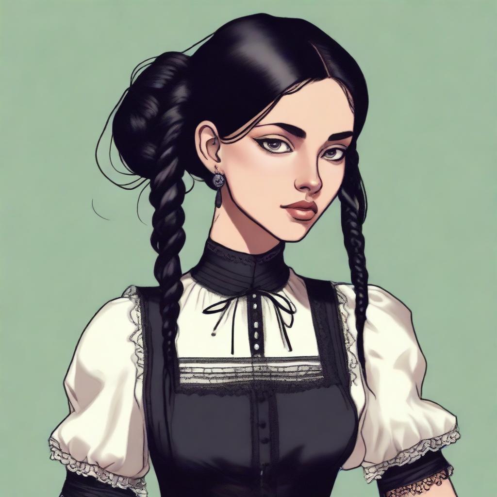 A tall and slender young girl with olive skin and jet black hair, worn in two tight plaits