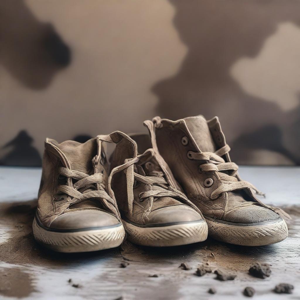 A pair of dirty sneakers with mud and grime, next to a pair of pants with visible stains and wear