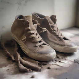 A pair of dirty sneakers with mud and grime, next to a pair of pants with visible stains and wear