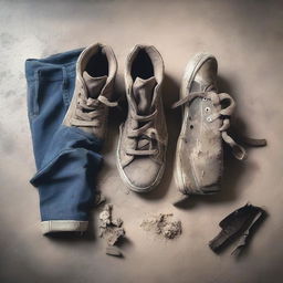 A pair of dirty sneakers with mud and grime, next to a pair of pants with visible stains and wear