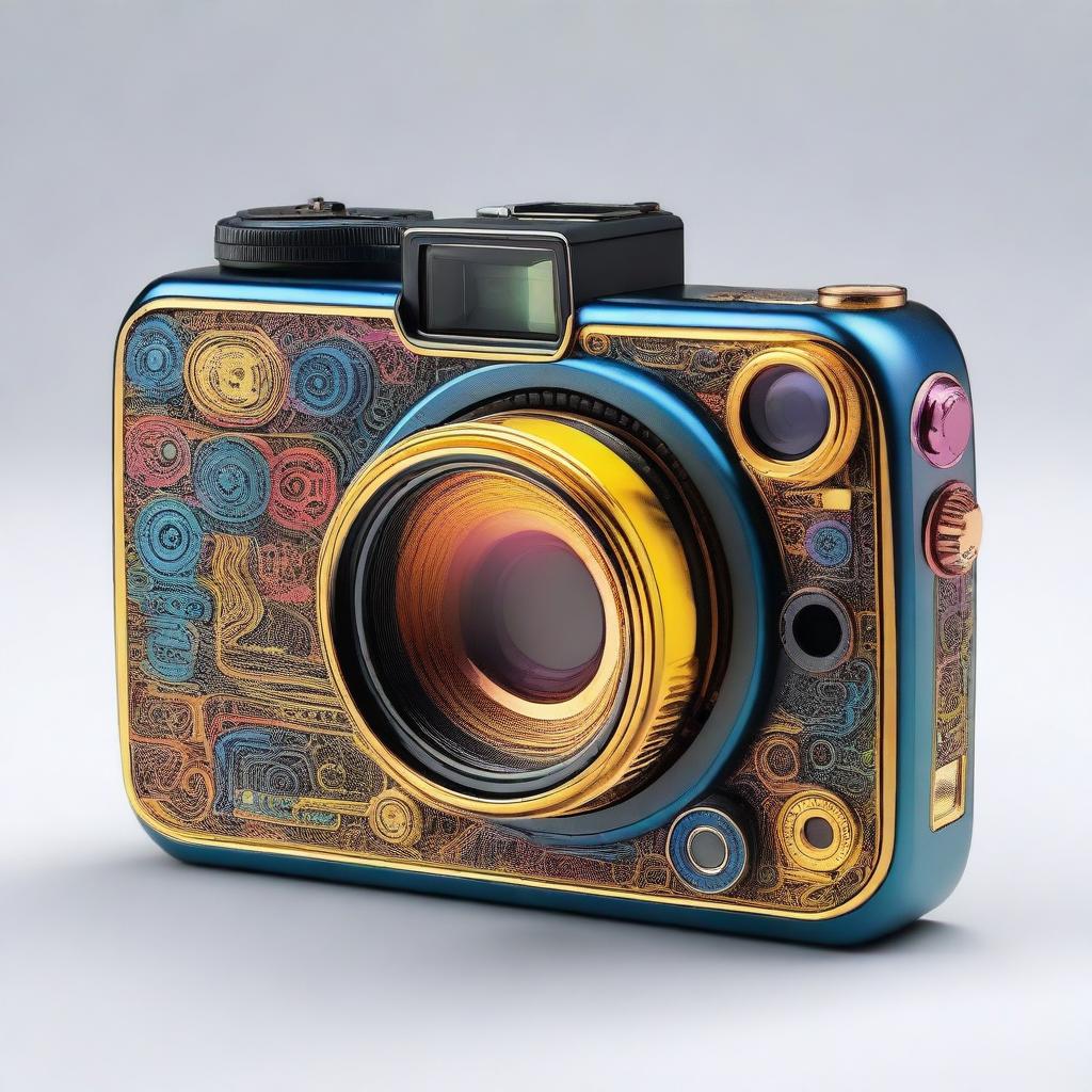 A stylish and cool chaos-themed camera, with intricate designs and vibrant colors, capturing the essence of creativity and disorder