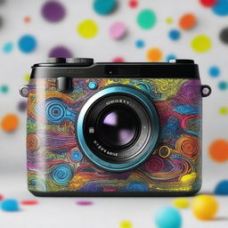 A stylish and cool chaos-themed camera, with intricate designs and vibrant colors, capturing the essence of creativity and disorder