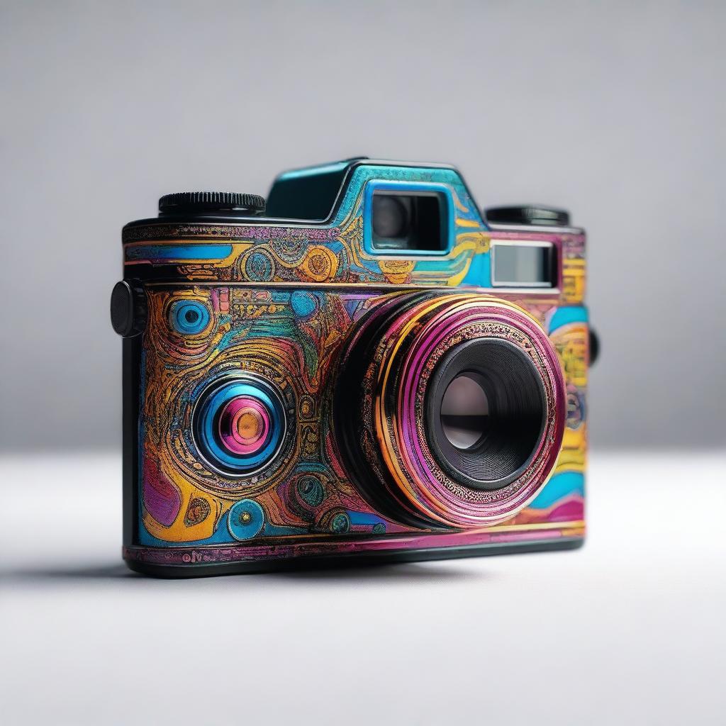 A stylish and cool chaos-themed camera, with intricate designs and vibrant colors, capturing the essence of creativity and disorder