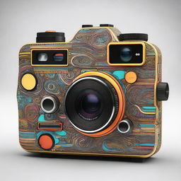 A stylish and cool chaos-themed camera, with intricate designs and vibrant colors, capturing the essence of creativity and disorder