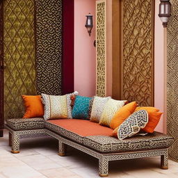 Elegant outdoor seating fashioned from the sophistication of Arabic lines and patterns, with plush cushions, strong geometric motifs, and detailed designs in opulent colors.