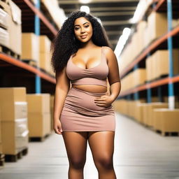 Create an image of a 24-year-old woman with brown skin and Latino features, short in height, size 34DD, curvy, wearing only a miniskirt, in a warehouse