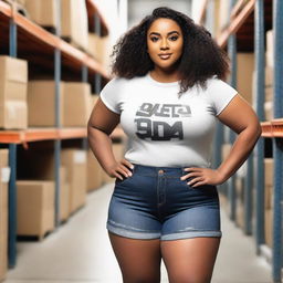 Create an image of a 24-year-old woman with brown skin and Latino features, short in height, size 34DD, curvy, wearing only a t-shirt, in a warehouse