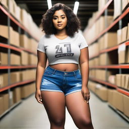 Create an image of a 24-year-old woman with brown skin and Latino features, short in height, size 34DD, curvy, wearing only a t-shirt, in a warehouse