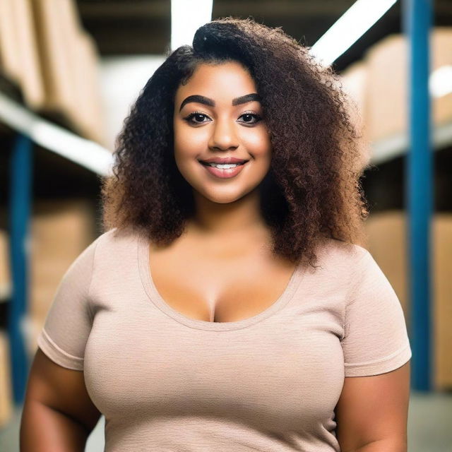 Create an image of a 24-year-old woman with brown skin and Latino features, short in height, size 34DD, curvy, wearing only a t-shirt, in a warehouse