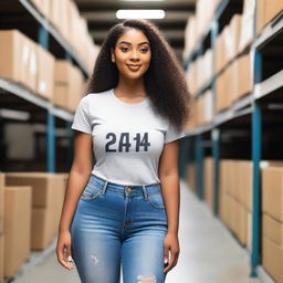 Create an image of a 24-year-old woman with brown skin and Latino features, short in height, size 34DD, curvy, wearing only a t-shirt, in a warehouse