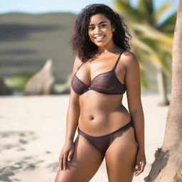 Create an image of a 24-year-old woman with brown skin and Latino features, short in height, size 34DD, curvy, wearing only underwear, on a beach